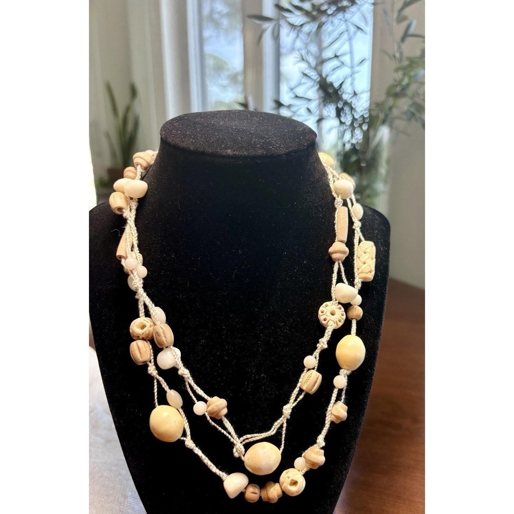 Vintage 90s Multi Strand Wood Bead Necklace Woven Cord Boho Bone Layered Choker